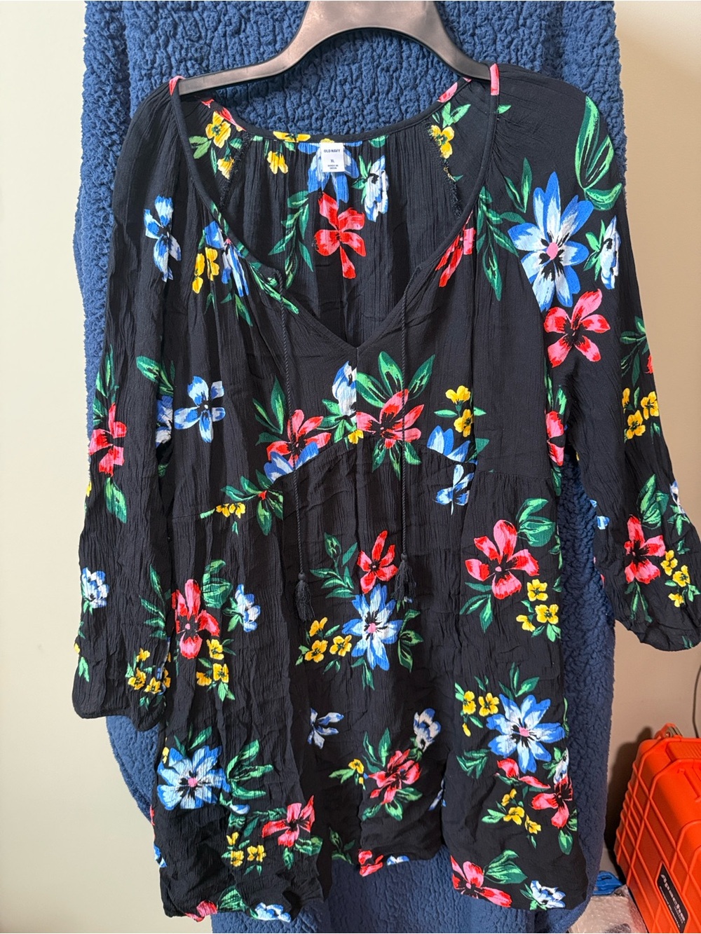 Old Navy Black Floral Peasant Dress w/ Red, Blue, Yellow Flowers - Size XL (121)